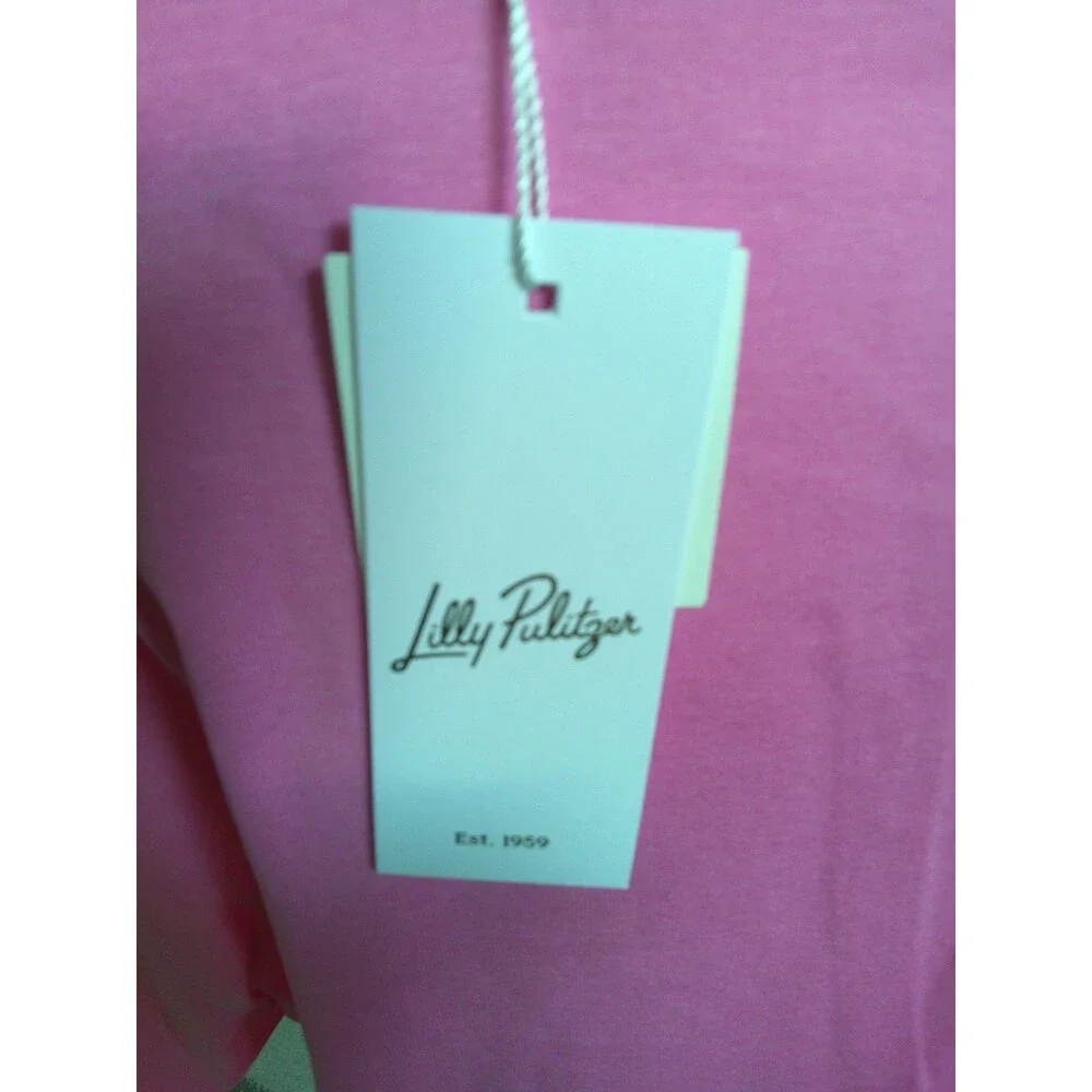 NWT Lilly Pulitzer Ronson Knit Top Confetti Pink  Split V Neck Gold Buttons XXL